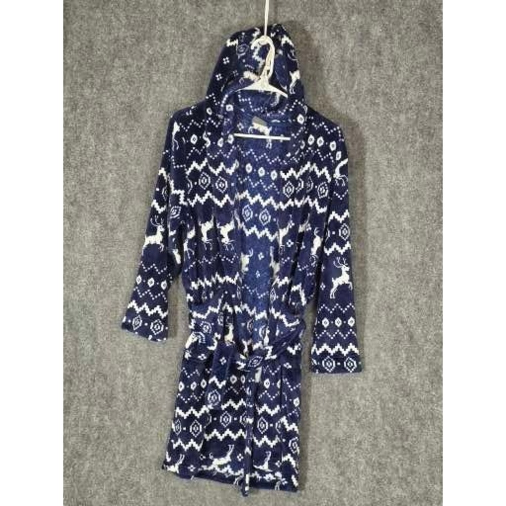 Eddie Bauer Kids Robe Sz L 14/16 Navy Blue White Reindeer Fair Isle Hooded Plush